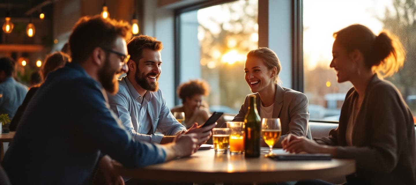 Netzwerkabend, eine Person zeigt zwei anderen etwas am Handy