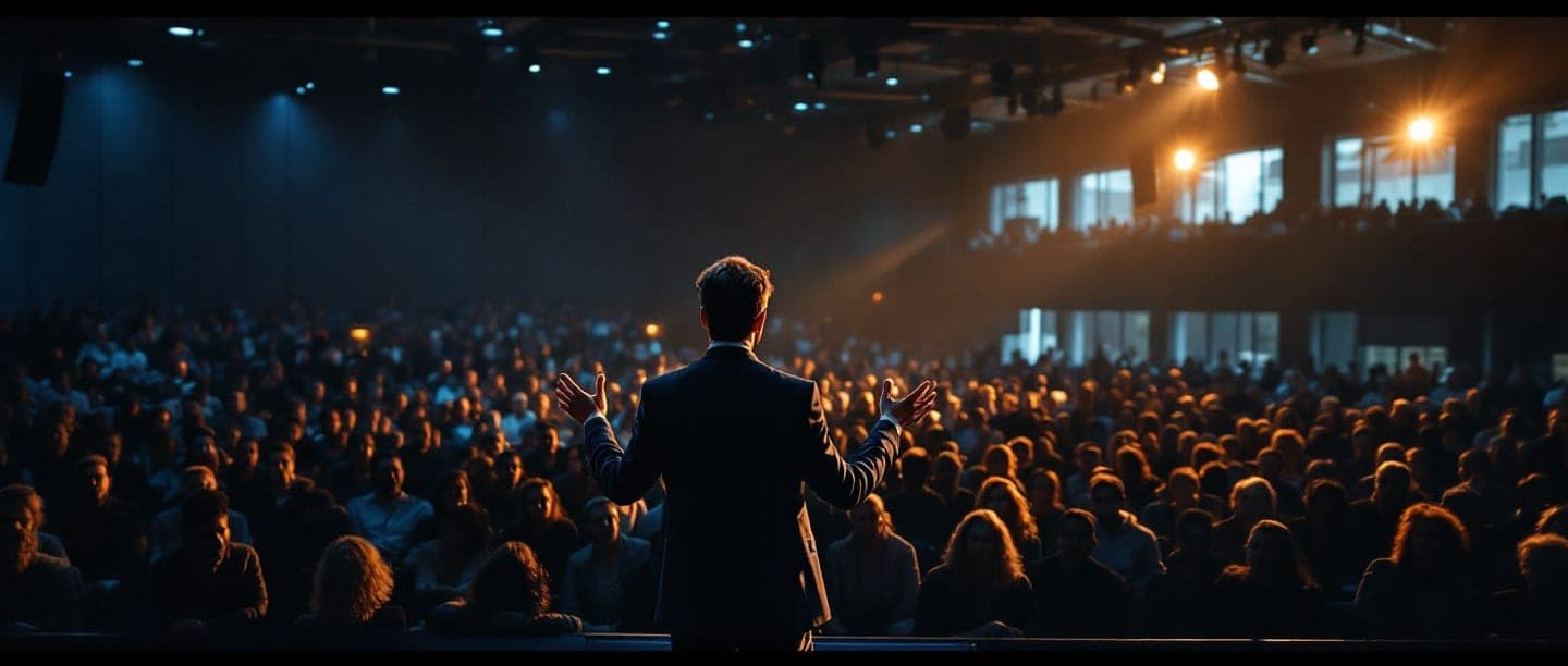 Speaker mit offenen Armen vor einem vollen Saal